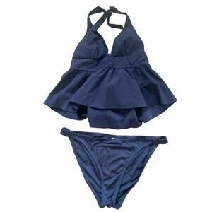 New J.Crew Navy Ruffled 2-pc Bikini Set Swim Suit Tank Top w Bikini‎ Bottom MED